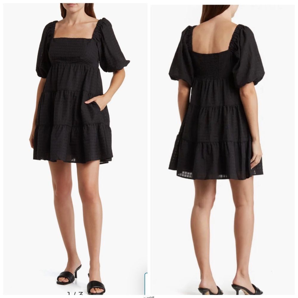 Nordstrom WAYF Black Square Neck Puff Sleeve Dress